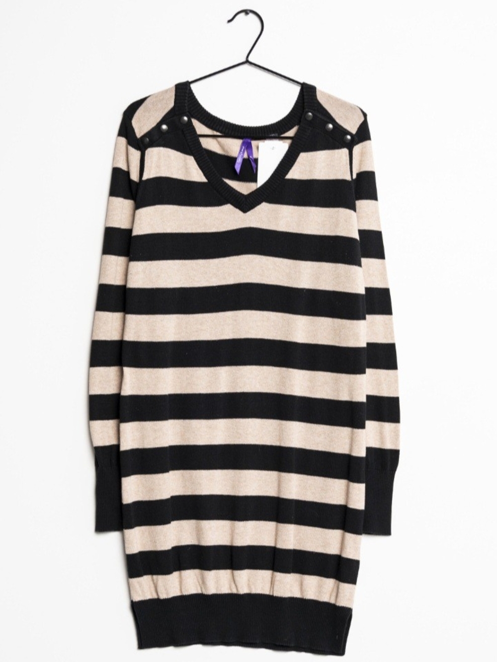 Seraphine Cotton Black and Beige Striped V-Neck Sweater Dress